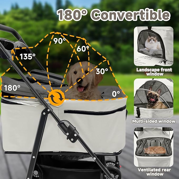 Pet Stroller for Small Dogs and Cats with 4 Wheels, Foldable Portable Dog Stroller with Detachable Carrier, Sun Shades, Storage Basket & Cup Holder, Up to 33 lbs