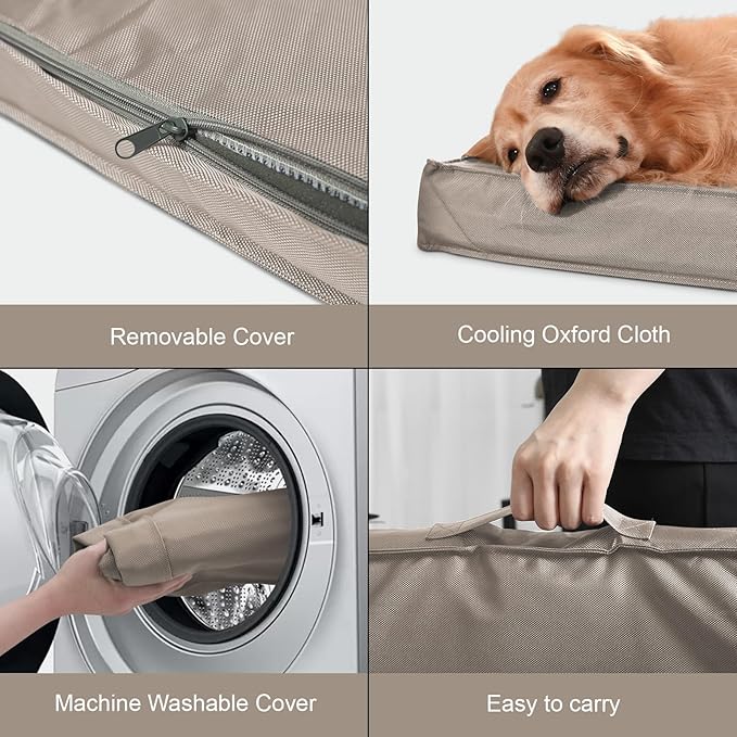 Large Outdoor All Weather Dog Bed, Waterproof Pet Bed for Large Dogs, Orthopedic Egg Crate Foam with Washable Removable Oxford Cooling Cover, 36x27 Inch, Khaki