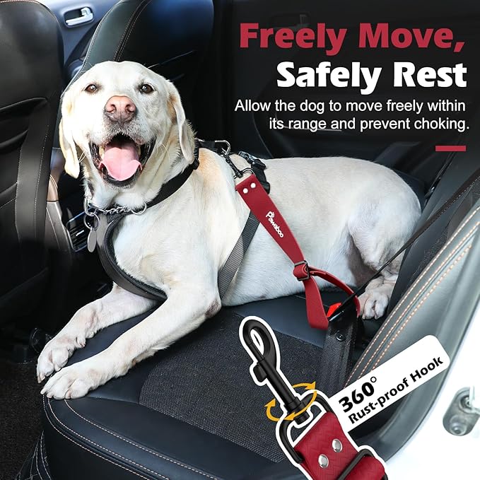 Pawaboo Dog Car Seatbelt, Universal Pet Safety Belt, Chew-Proof Dog Car Restraint with Adjustable Strap, Nylon Woven Belt & PVC Shell Dog Seatbelt, Dog Leash with 360° Hook,20 in, 2 Pack, Red + Black