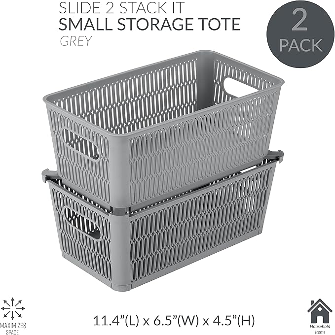 Simplify 4Pk Small Slide 2 Stack It Tote Basket | Storage & Organization | Open Bins with Stackable Capability | Bathroom | Crafts | Pantry | Playroom | Office | Grey