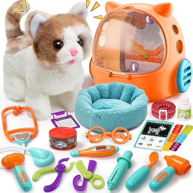 17PCS Interactive Cat Toys for Kids, Toys for 3 4 5 6 7 8 Year Old Girls Kids Boys, Walking & Meowing Cat Toy with Sound, Veterinarian Playset for Toddlers, Idea Birthday Gifts for Little Girls