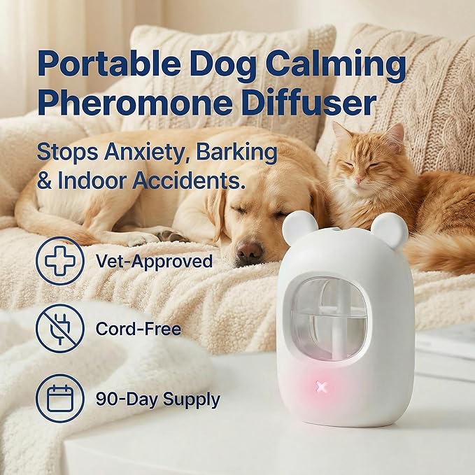 Portable Dog Calming Pheromone Diffuser| 30-Day Supply for Anxiety, Barking, Stress & Indoor Urination Relief | Vet-Approved, No Outlet Needed