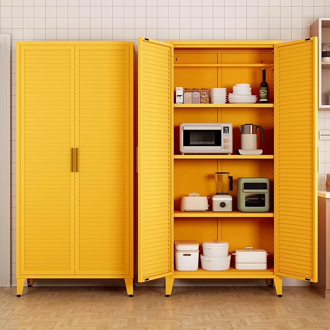 Pantry Cabinet with 3 Adjustable Shelves, 4-Tier Freestanding Kitchen Storage Organizer, Multi-Function Storage Unit for Kitchen, Living Room, Home, Yellow 61" H X 27.6" W X 13.8" D