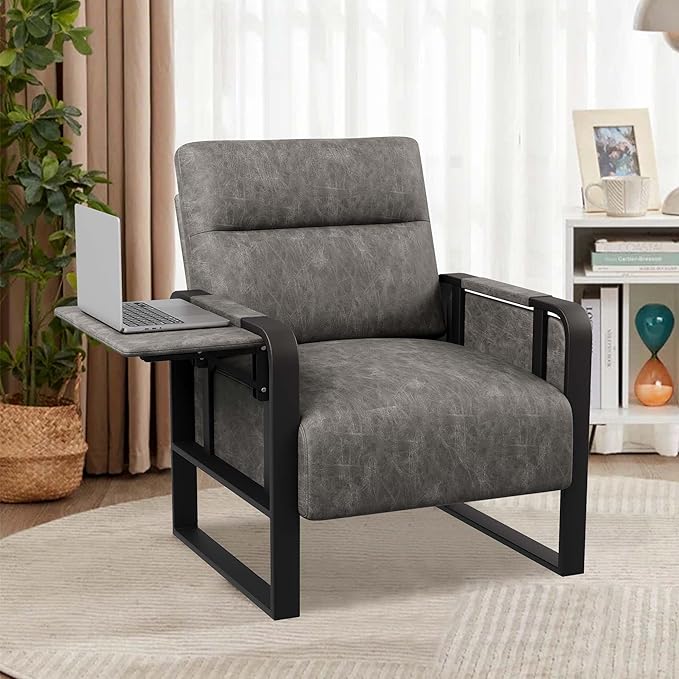 Modern Accent Chair with Tray Table PU Leather Upholstered Armchair for Bedroom Leisure Living Room Chairs Office Chair Grey
