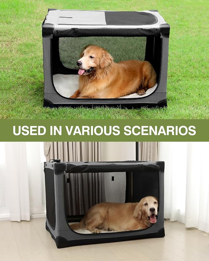 33-Inch Collapsible Travel Dog Crate, Portable 4-Door Soft Kennel for Medium to Large Dogs, Chew-Proof Mesh Windows, Indoor/Outdoor Use, Foldable, with Storage Bag (Grey)