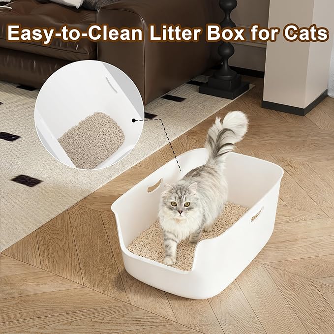 Low Entry High Sided Plastic White Cat Litter Box 22.8x15x8.66 Inch with Splash Guard - One-Piece Smooth Interior Easy Clean for Senior Kittens Mobility-Impaired Cats & Large Breeds