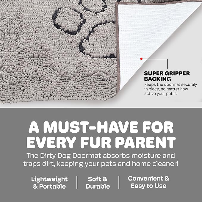 Dog Gone Smart Dirty Dog Doormat - Fast Drying Plush Mat with Super Gripper Backing for Clean Floors - Super Absorbent and Machine Washable Mat for Muddy Paws - Silver Grey