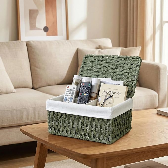 Woven Storage Baskets with Lids, Set of 3, Green Paper Rope Wicker Bins, Stackable Shelf Organizer Boxes for Bathroom Closet Nursery