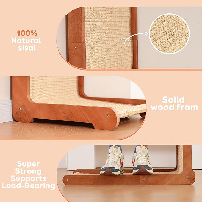 Large Cat Scratching Post for Indoor Cats,26.8'' Solid Wood Frame Natural Sisal L Shape Cat Scratch Pad, Vertical Cat Scratcher,Cat Scratching Board Cat Scratch Post,Perfect Cat Furniture
