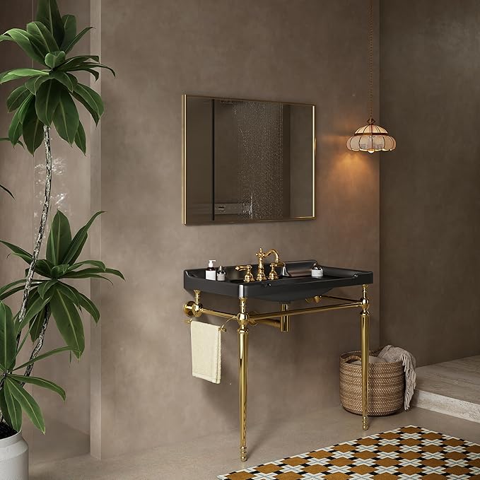 36" Bathroom Console Sink, Wall-Mounted Black Ceramic Vanity Basin with 3 Pre-drilled Faucet Holes, Freestanding Gold Stainless Steel Support Legs with Towel Bar, No Faucet - Rome, Black