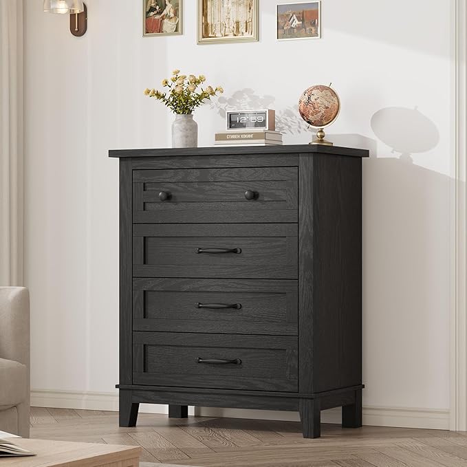 GarveeHome 4 Dresser for Bedroom, 34.8 in Tall Vertical Drawer Dresser with Large Storage, Freestanding Wooden Closet Chest for Bedroom, Living Room, Black