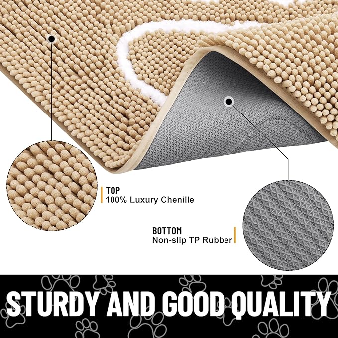 Smiry Dog Door Mat for Muddy Paws, Absorbent Dirt Trapper Non Slip Quick Dry Washable Chenille Mat for Mud Dogs, Entry Rug for Indoor and Outdoor (59x20 Inches, Beige and White)