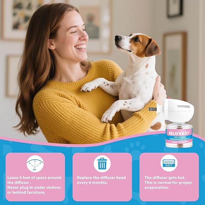 Dog Calming Diffuser for Dog Anxiety Relief, Dog Pheromones Calming Diffuser, Pheromone for Dogs to Reduce Barking Aggression Fighting Stress, Stop Peeing(2 Refills, 1 Diffuser,60 Days)