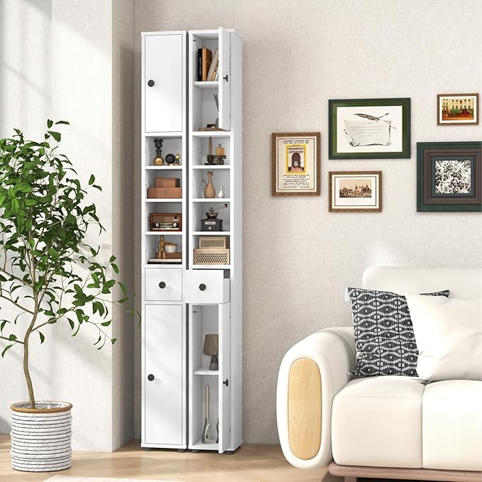 HOMGX 71” Tall Bathroom Storage Cabinet, Freestanding Linen Floor Cabinet with Drawer, Doors & Adjustable Shelves, Narrow Slim Cabinet for Living Room, Entryway, Small Spaces (White)