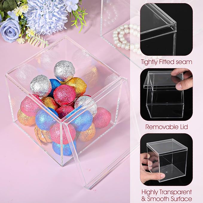 8PCS Clear Acrylic Box with Lid, 4x4x4 inch Small Decorative Storage Box for Display and Organize, Acrylic Cube Storage Container Drawer Organizer for Cosmetics Makeup Jewelry Party Favor