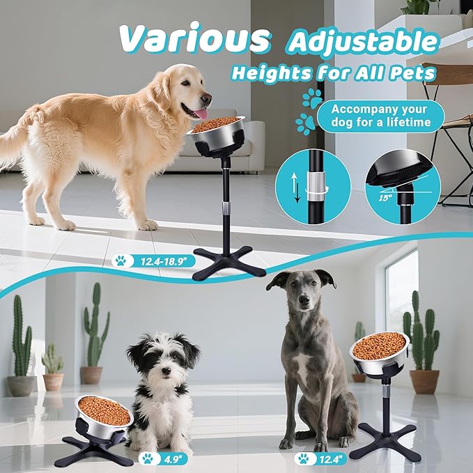 Elevated Dog Bowl, Adjustable Stand Heights and Width, Non-Slip Foot Mats, Tilting Raised Dog Bowls with Metal Knob for Small, Medium and Large Dogs Breed（1pack）, Black