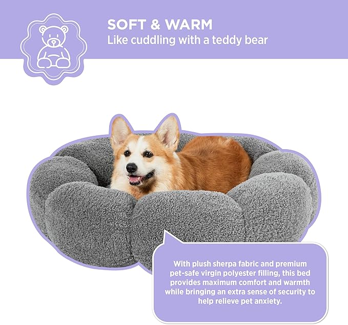 LE SURE Calming Large Dog Bed - Flower Donut Round Fluffy Puppy Bed in Plush Teddy Sherpa, Non-Slip Cute Flower Dog Beds, Large Pet Bed Fits up to 100 lbs, Machine Washable, Grey 36"