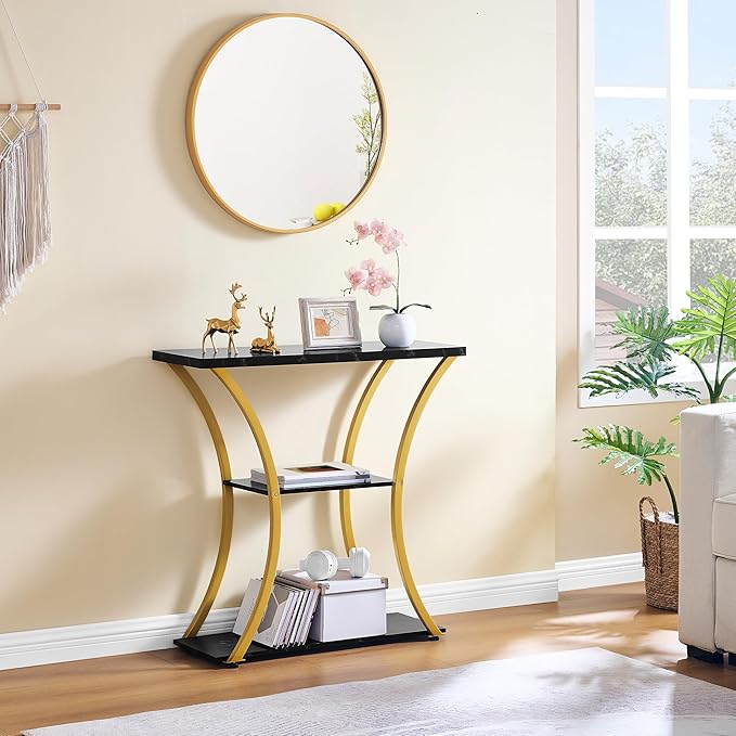 Hoctieon 3 Tier Console Table with Open Wood Shelves, Decorative Entryway Table with Curved Metal Frames, Narrow Sofa Table for Entrance, Living Room, Hallway, Gold and Black Marbled