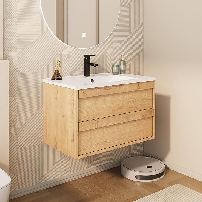 eclife 30" Floating Bathroom Vanity Sink Combo, Wall Mounted Modern Minimalist Storage Cabinet with 2 Drawers, Include Sink, Faucet & Drain, Natural