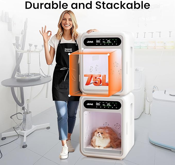 JirPet Pet Dryer Box, Pet Hair Dryer with Smart Chip Safety, 75L Dog Dryer Box with Quiet 40dB Drying, Auto Temp & Humidity Control, Strong Airflow for Long Hair Dogs & Cats, Professional Pet Dryer