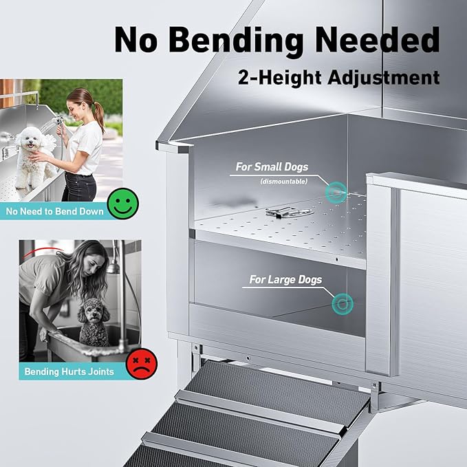 56" Professional Dog Washing Station, 304 Stainless Steel Pet Grooming Tub with Removable Ramp, 1.0mm Thick Anti-Rust Bath Tub, Adjustable Height & Detachable Faucet Kit for Dogs & Cats