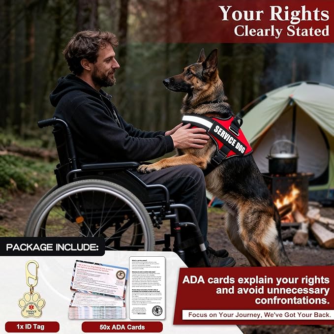 Service Dog Vest, ID Tag + 50 ADA Information Cards, Service Dog Harness w Patch in Sizes X Small to XX Large, Ruggedized Metal Tag, Service Animal Information Cards, ESA Accessory Set XX-LARGE