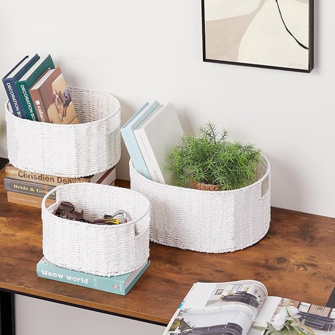 Vagusicc Wicker Storage Basket, Set of 3 Hand-Woven Paper Rope Storage Baskets for Organizing, Round Storage Basket With Handles, Large Wicker Storage Organizer Bins Baskets for Shelves & Decor, White