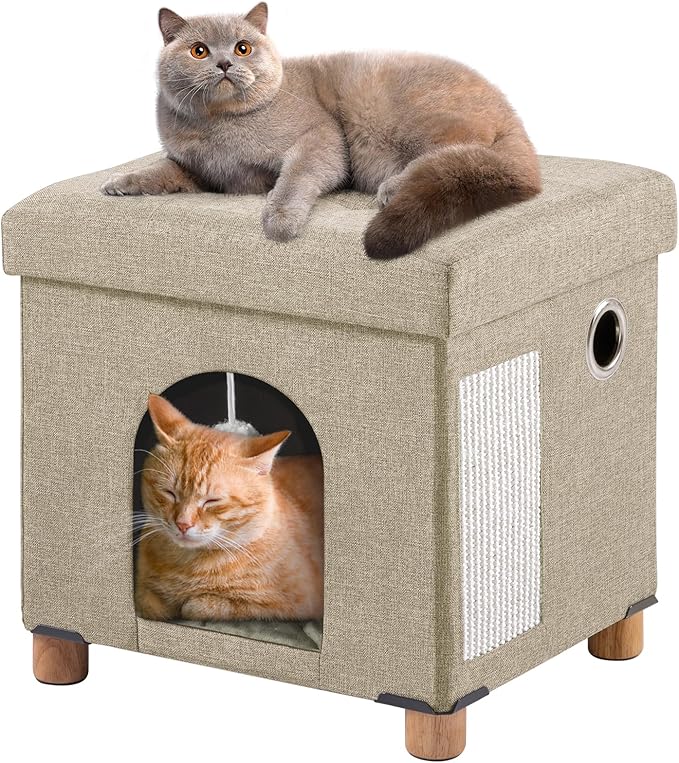 BRIAN & DANY Foldable Cat House, Cat Cave, Cat Cube with Scratch Board & Ball, 14.7" x 14.1” x 12.7”, Light Khaki