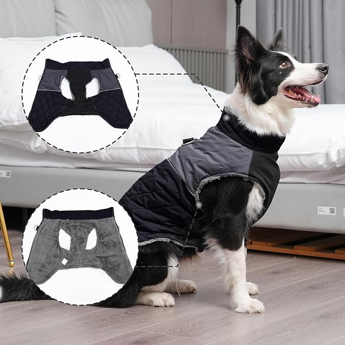 Warm Fleece Dog Coats for Medium Dogs,D-Rings Waterproof Puppy Jacket for Cold Winter,Black L