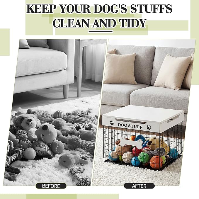 Dog Toy Bin Basket with Lid, 15.4'' Large Metal Dog Toy Storage Box with Bone Handle, Organizer Chew for Living Room, Farmhouse Food Storage Organizer for Leash Chew Blankets Clothes(White)