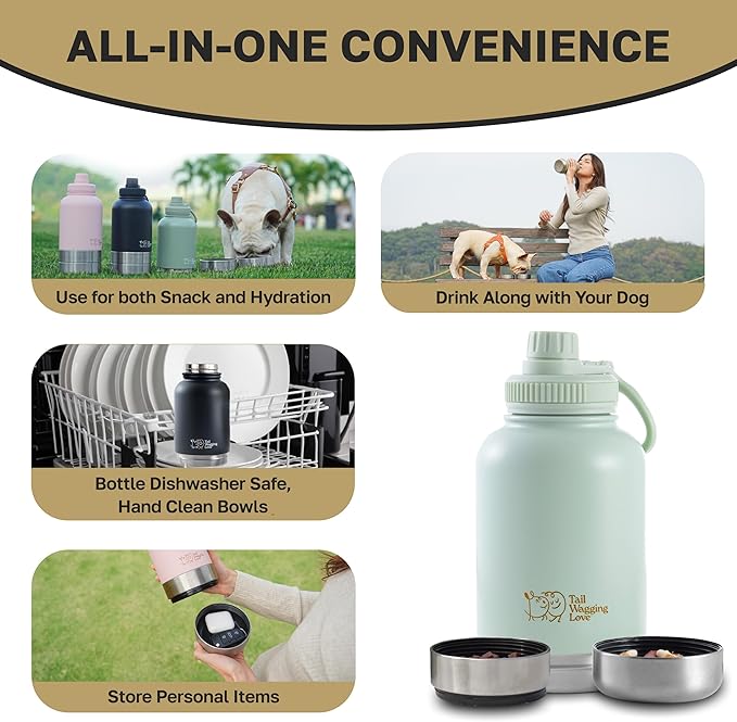 32oz 3-in-1 Portable Dog Travel Water Bottle, Food & Hydration Bottle - Dual Use for Humans & Pets with Detachable Bowls, Stainless Steel, Keeps Water Hot for 6hrs & Cold for 12hrs