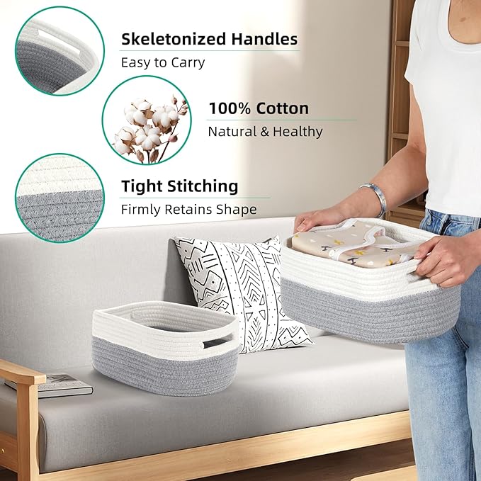 Bidtakay Small Cotton Rope Storage Baskets for Organizing 3 Pack Woven Baskets for Storage Closet Organizer Bins for Shleves 11.8×7.8×5 inch Cute Boho Decorative Basket with Handles - White&Grey