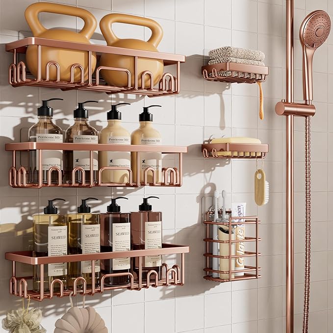 Veken Shower Caddy 6-Pack, No Drilling & Rustproof, Waterproof Adhesive Shelves Rack with Soap Holder, Large Capacity Bathroom Organizers and Storage, Wall-Mounted Kitchen & Home Decor, Rose Gold