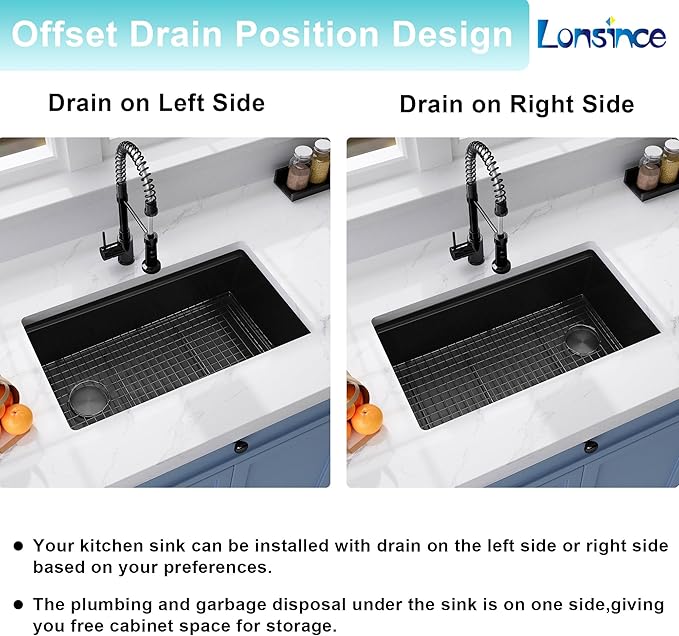 Black Undermount Kitchen Sink,16 Gauge Stainless Steel Sinks,Single Bowl Workstation Sink,Modern Kitchen Sink Offset Drain (28" X 18")