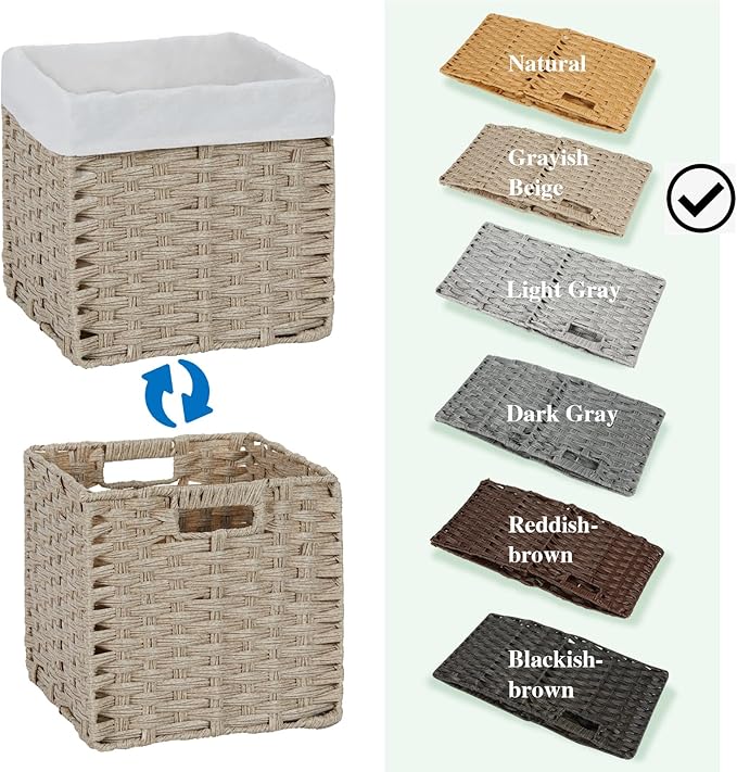 Bidtakay Wicker Storage Baskets for Organizing 4-Pack Hand-Woven Imitation Wicker Cube Storage Bins with Liners for Shelves Closet Cabinet 11x11 Waterproof Cube Organizer for Pantry-Greyish Beige