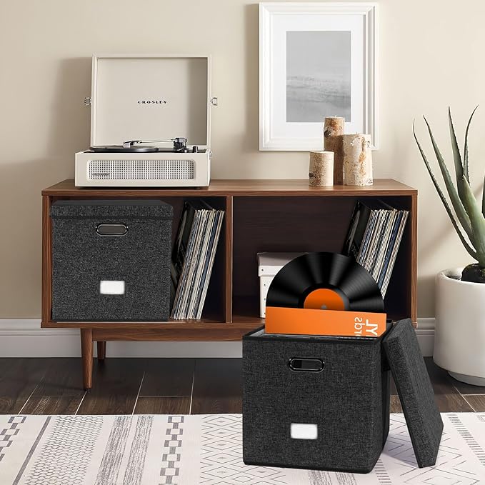 Sturdy Vinyl Record Storage Box - Album Storage Holds up 50+ Single Record, LP Storage Organizer Crate With Lid, Decorative Moving Box For Records, Solutions to Protect Your Precious Collection Black