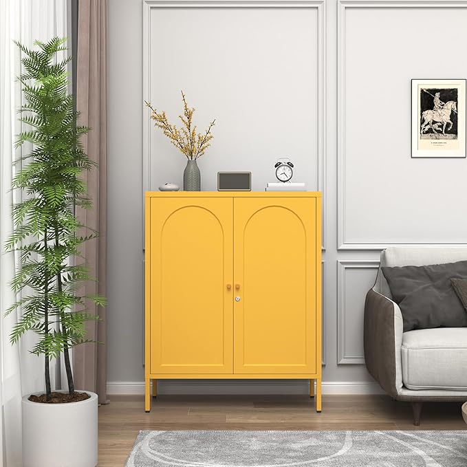 Metal Storage Cabinet with Lock, 2-Door Semi-Circular Steel Door, 2 Adjustable Shelves, Heavy Duty Secure Storage Unit for Home, Office, School, Yellow 36" H X 31.5" W X 13.8" D