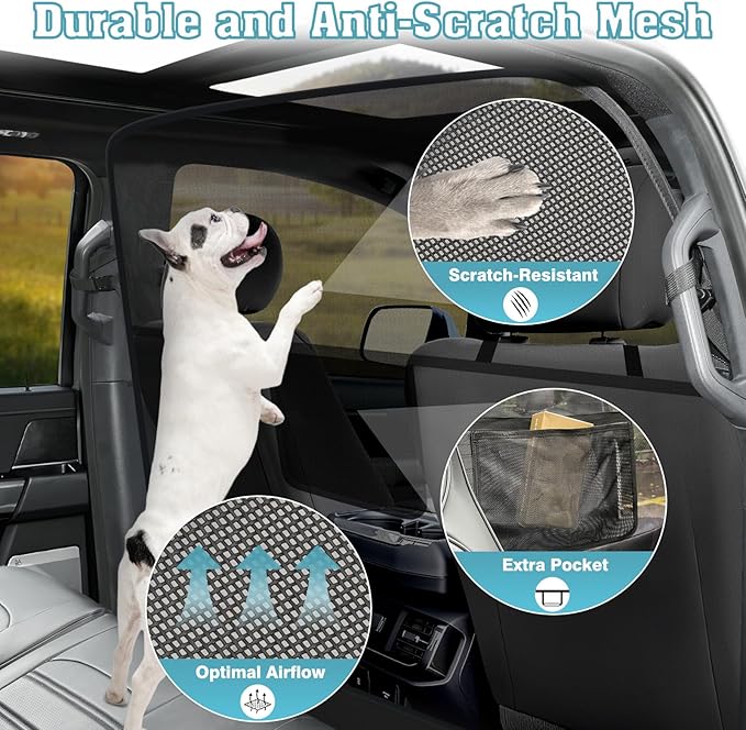 Mixsuper Dog Car Barrier, 61.4" Wide, Car Divider for Trucks, Large SUV, One-Piece Escape-Proof Back Seat Mesh Dog Car Net Barrier Black