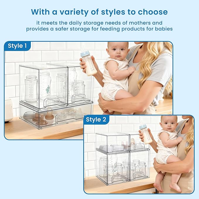 Baby Bottle Storage Organizer - Acrylic Storage Containers, Clear Stackable Drawer Baby Bottle Station Organizer for Countertop Cabinet, BPA-Free, Lead-Free (1 Wide+2 High, Clear)