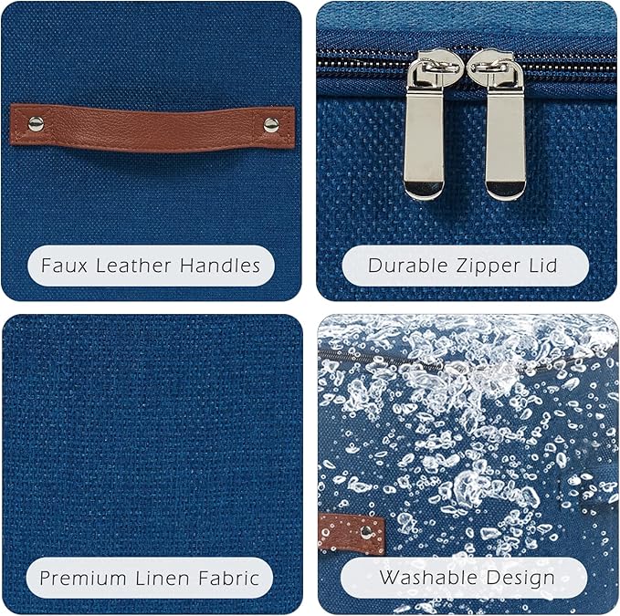2 Pack Storage Bins with Zipper Lid Cotton Linen Fabric Lidded Storage Baskets Boxes Foldable Washable Closet Shelf Clothes Organizer Container with PU Leather Handles (Deep Blue, Large)