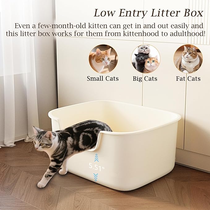 Large Cat Litter Box with High Sides, Side Entry Open Top Deep Tall Litter Pan, Kitty Litter Box for Indoor Small and Medium Cats, Creamy White (Anti-Splashing) 19.7" L x 15.4" W x 8.6" H