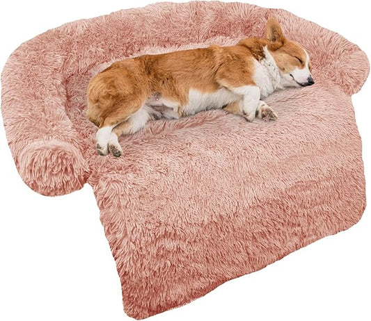 GGIB Calming Dog Bed Fluffy Plush Dog Mat for Furniture Protector with Removable Washable Cover for Large Medium Small Dogs and Cats (Medium, Pink)