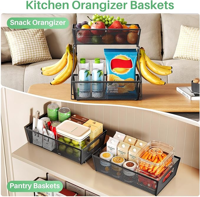 2 Tier Fruit Basket Bowl for Kitchen Counter with 2 Banana Hangers, Countertop Metal Mesh Basket Stand Fruit Holder for Veggies Onion Potato Bread Snack, 2 Pack