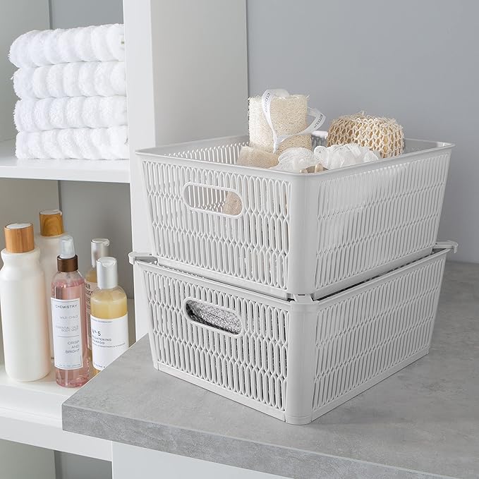 Simplify 4Pk Large Slide 2 Stack It Tote Basket | Storage & Organization | Open Bins with Stackable Capability | Bathroom | Crafts | Pantry | Playroom | Office | Grey (KIT-25930-GREY-4PK)