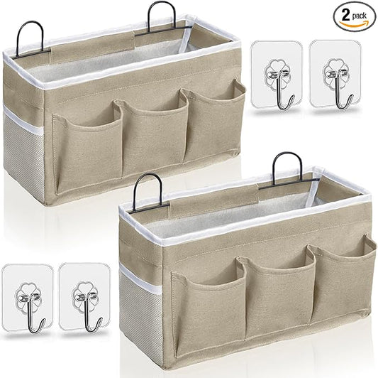 2pcs Light-Style Wall Hanging Storage Bag, Linen Fabric Door Hanging Organizer Baskets with Pockets, Waterproof Bin for Bedroom, Kitchen, Office, RV Camper (LightKaki-2pcs)
