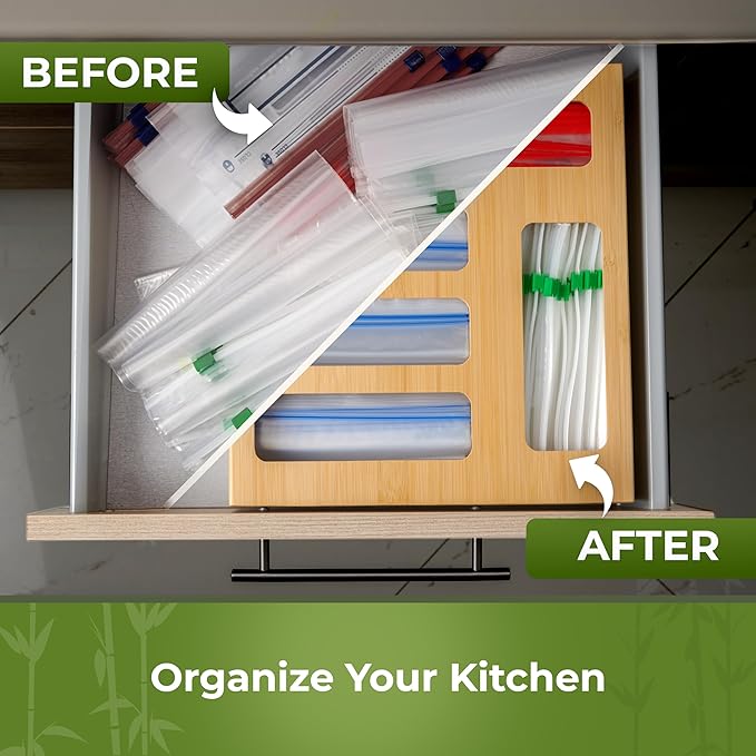 Bamboo Storage Bag Organizer, 9 in 1 Sandwich Bag Organizer & Foil Wrap Dispenser with Labels – Fits Gallon, Quart, Snack [Measure Your Drawer Before Ordering]