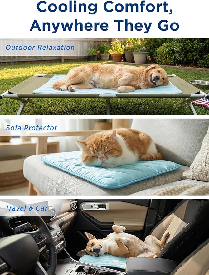 Dog Cooling Mat for Extra Large Dogs, 43"x32" Breathable Self Cooling Crate Mat for Dogs & Cats, QMAX>0.5 Portable Washable Pet Cooling Mat for Dog Bed, Thickened Cool Fiber Indoor/Outdoor Summer,Blue