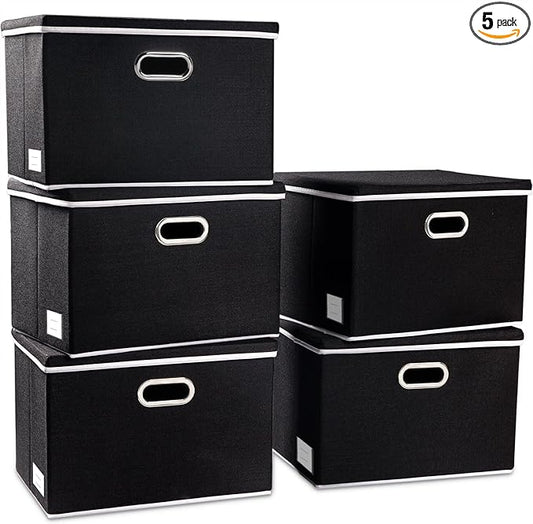 PRANDOM Large Foldable Storage Boxes with Lids [5-Pack] Organizer Containers Baskets Cube with Cover for Home Bedroom Closet Office Black17.7x11.8x11.8 For 6+ Year Old Boys and Girls