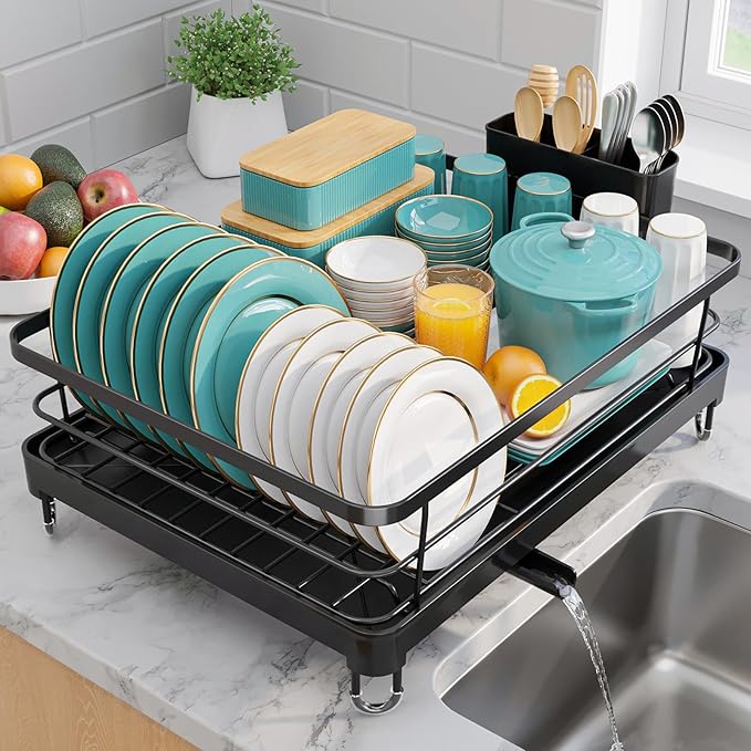 Stainless Steel Dish Drying Rack for Kitchen Counter, Sink Organization and Storage Essentials with Silverware & Utensil Holder, Home and Apartment Decor, 12.5''W x 16.5'L, Black