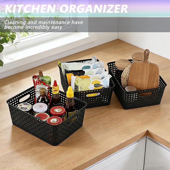 Plastic Storage Baskets, 4 Pack, Gray, Durable, Easy to Use, 11.49" x 8.89" x 4.52", Multi-Purpose, Ideal for Closets, Cabinets, Shelves, Countertops